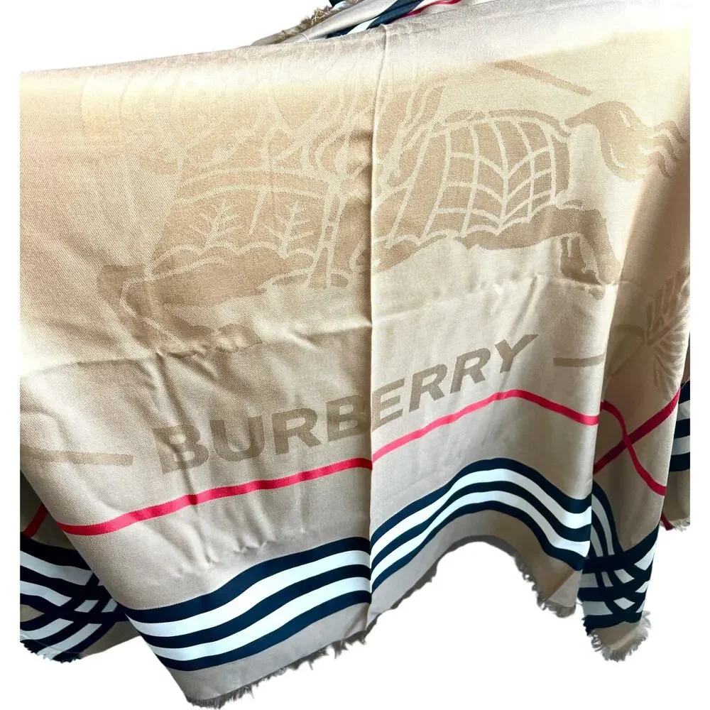 Burberry EKD Crest Ribbon Check Scarf Archive Beige Equestrian Motif 140 x 140